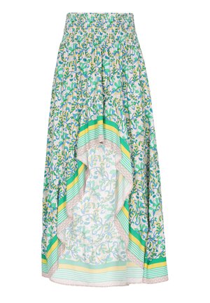 Viegls ziedu raksta svārki zilās un zaļās krāsās, ar elastīgu jostas daļu un slāņainu apakšmalu, kurā ir dzelteni un zaļi svītriņas.