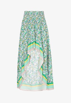 Kerge, lillelise mustriga seelik sinise ja rohelise tooni, millel on smockitud vöökoht ja kihiline hem kollaste ja roheliste triippidega.