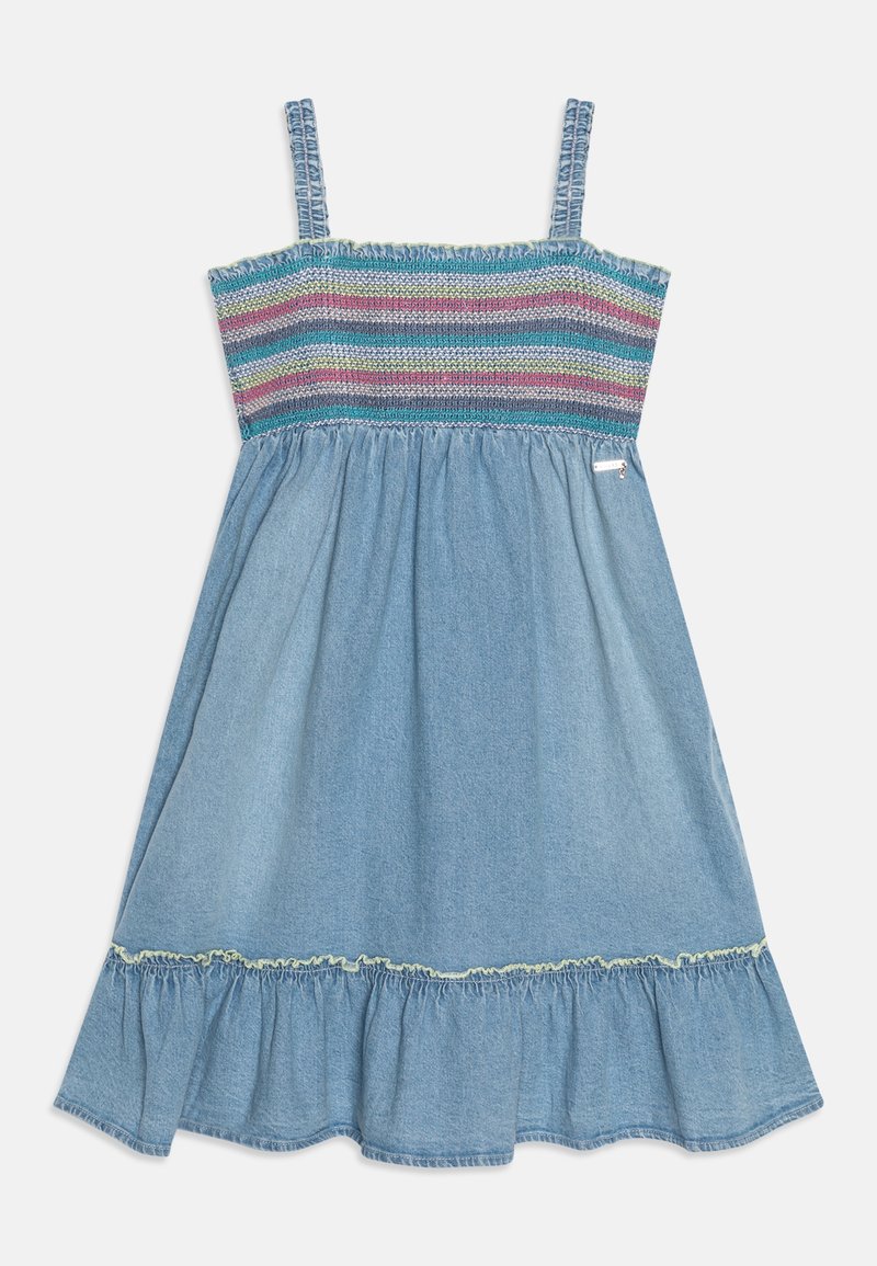Denim dress with a smocked bodice in multicolored stripes and a flared, ruffled hem. Adjustable straps and a subtle decorative accent at the waist.