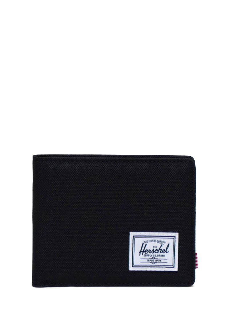 Black fabric wallet with a rectangular shape, featuring a white Herschel label on the front and red-striped accent on the side.