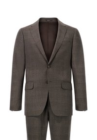 Completo a quadri marrone realizzato in tessuto testurizzato con due bottoni, reviste a scollo con coda, e due tasche frontali. L'interno ha una fodera liscia marrone scuro.