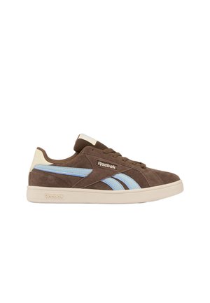 Brown suede Reebok sneaker with light blue side stripes, beige heel tab, and beige sole, viewed from the outer side.
