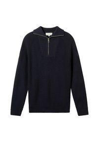 Pullover in maglia blu navy con colletto a mezza zip, texture a coste sulle spalle e polsini elasticizzati. Presenta un discreto logo sulla manica.