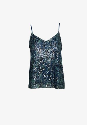 Top senza maniche con scollatura a V, ricoperto di paillettes blu e argento che creano una superficie testurizzata e riflettente.