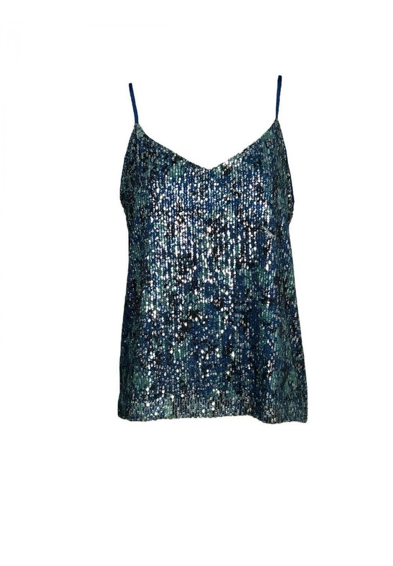 Ärmelloses Camisole-Top mit V-Ausschnitt, das mit blauen und silbernen Pailletten bedeckt ist, die eine strukturierte, reflektierende Oberfläche schaffen.