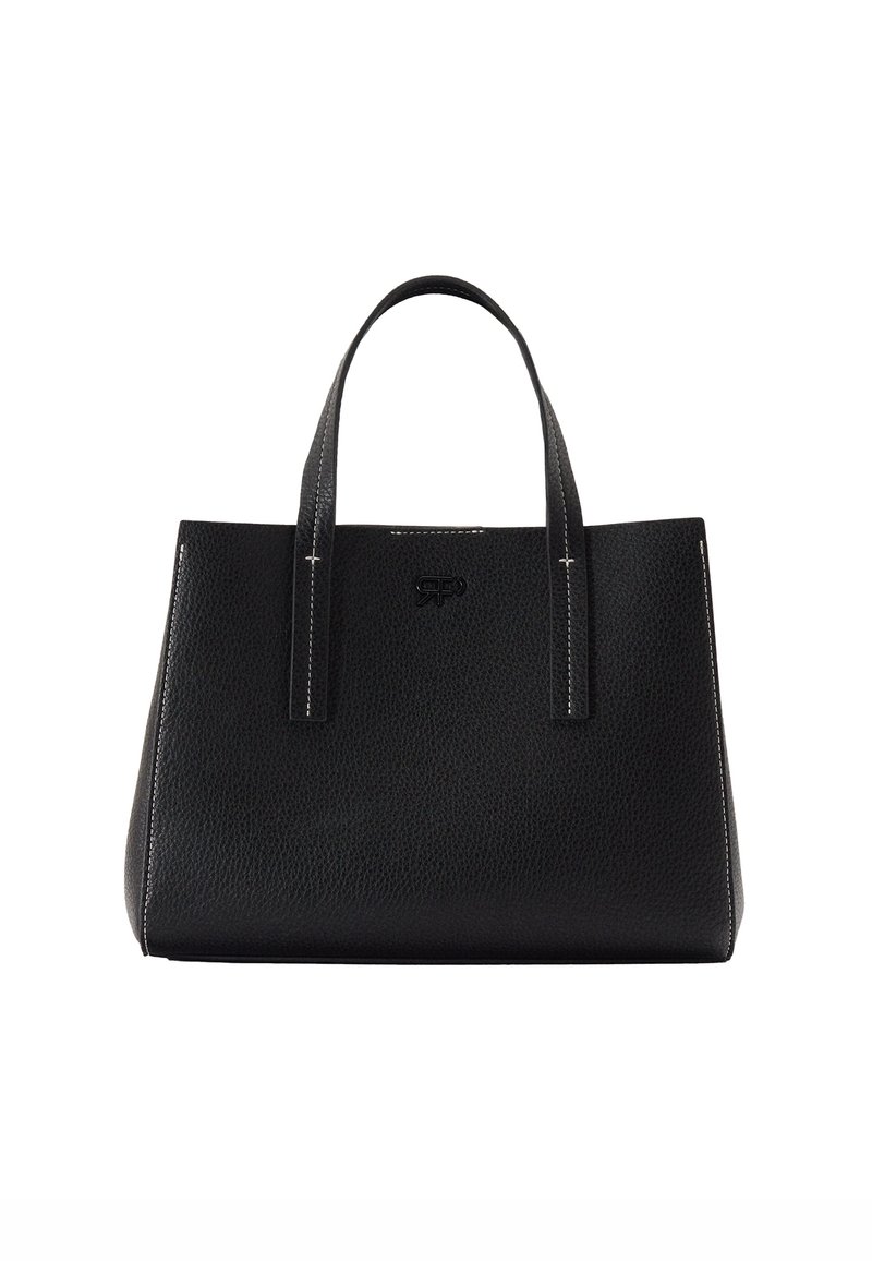 Sac cabas en cuir noir texturé avec deux anses et petit logo embossé au centre avant.