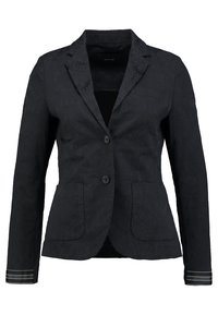 Czarna marynarka o teksturowanym wzorze, z dwoma przednimi kieszeniami, jednoprzyciskowym zapięciem i srebrnymi paskami na rękawach.