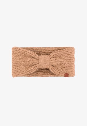 Strick-Haarband aus weichem beige Material, mit einer großen Schleifenapplikation vorne, einem strukturierten Rippdesign und einem kleinen Lederetikett.