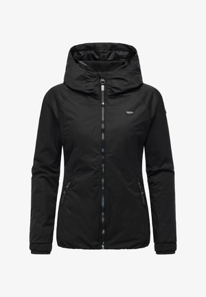 Zwarte gewatteerde jas met capuchon, voorzien van een rits aan de voorkant, twee zijzakken en geribde boorden; gladde textuur en minimalistisch ontwerp.