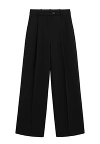 Pantalon large noir à taille haute, fermeture à boutons sur le devant, poches latérales et pli cousu sur chaque jambe.