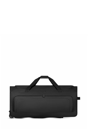 Schwarze Reisetasche aus strapazierfähigem Material, mit zwei oberen Tragegriffen, einem großen Hauptfach und einer vorderen Reißverschlusstasche.