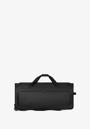 Schwarze Reisetasche aus strapazierfähigem Material, mit zwei oberen Tragegriffen, einem großen Hauptfach und einer vorderen Reißverschlusstasche.