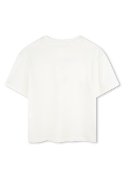 Gekürztes weißes T-Shirt mit kurzen Ärmeln, Rundhalsausschnitt und glatter Textur. Verfügt über genähte Säume und keine sichtbaren Logos oder Muster.
