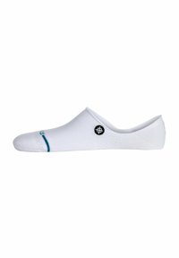 Calcetín bajo blanco con puntera redondeada, con un logo negro y una franja de acento color teal cerca de la puntera. Material de algodón suave.
