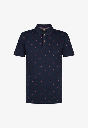 Polo blu navy in cotone con colletto, decorato con piccoli motivi a aragosta rossa e due bottoni sulla scollatura.