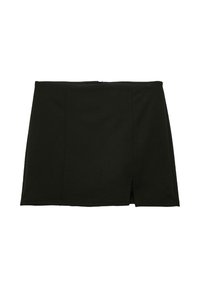 Zwarte rok van rekbaar materiaal, met een slanke pasvorm, een ritssluiting aan de achterkant en een split aan de voorkant voor optimale bewegingsvrijheid. Strakke lijnen en een gladde textuur.