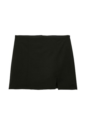 Falda negra hecha de tela elástica, con un ajuste ceñido, cremallera trasera y una abertura frontal para facilitar el movimiento. Líneas limpias y textura suave.