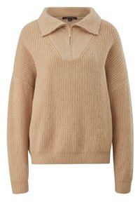 Pull en maille beige avec fermeture éclair, col large et ourlet côtelé. La texture est douce et légèrement épaisse, avec des manches amples.
