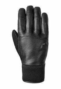 Black leather glove with a smooth texture, five fingers, and a fitted elastic cuff. Features stitched detailing and a small logo accent.