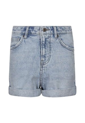 Shorts en denim bleu clair avec ourlets roulés, fermeture à boutons sur le devant, passants pour ceinture et poches avant.