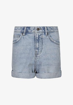 Shorts en denim bleu clair avec ourlets roulés, fermeture à boutons sur le devant, passants pour ceinture et poches avant.