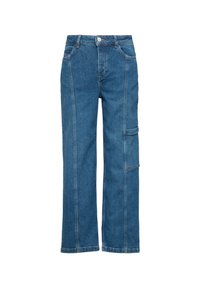 Jeans dżinsowe w średnim niebieskim kolorze z szerokimi nogawkami, wyposażone w pięć kieszeni i kontrastujące szwy wzdłuż szwów oraz bocznej kieszeni cargo.