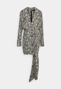 Zebra-muster Wickelkleid in Schwarz und Weiß, mit langen Ärmeln, tailliertem Schnitt, tiefem V-Ausschnitt und einem fließenden, asymmetrischen Saum.