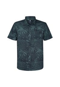 Camisa de botones de manga corta en verde oscuro con un estampado de hojas de palmera. Cuenta con un bolsillo en el pecho y botones negros. Fabricada con un material ligero.