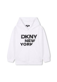 Sudadera blanca con capucha que presenta una gran impresión negra "DKNY NEW YORK" en la parte delantera, fabricada en suave material de algodón y con un bolsillo tipo canguro.