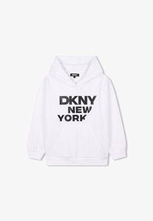 Witte hoodie met een grote zwarte opdruk "DKNY NEW YORK" op de voorkant, gemaakt van zacht katoen en voorzien van een kangoeroezak.