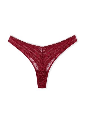 Rote Spitzenstring aus floralem Muster, mit gewellten Kanten und glattem Textur; verfügt über einen dünnen Bund und ein Design mit minimaler Abdeckung.