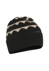 Bonnet en tricot noir et crème avec un motif en zigzag. Texture côtelée au niveau du poignet, matériau doux et forme de couronne arrondie.