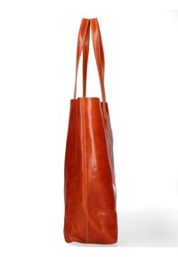 Borsa tote in pelle tan con manici lunghi, texture liscia, forma rettangolare strutturata e dettagli di cucitura visibili lungo le cuciture.