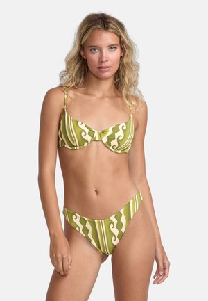 Green and cream patterned bikini set featuring a triangular top with adjustable straps and a low-rise bottom with wavy and striped designs.