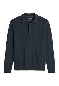 Granatowa polo z długim rękawem wykonana z miękkiej dzianiny, z prążkowanym kołnierzem, plisą na trzy guziki i prążkowanym dołem.