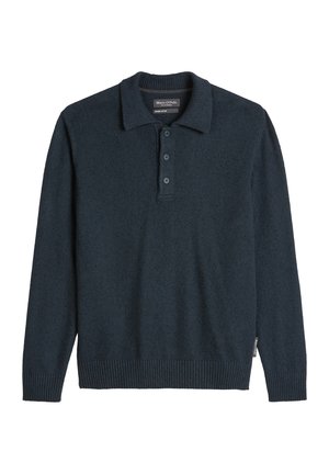 Marineblauwe polo met lange mouwen van zachte gebreide stof, voorzien van een geribde kraag, drieknopsluiting en een geribde zoom.