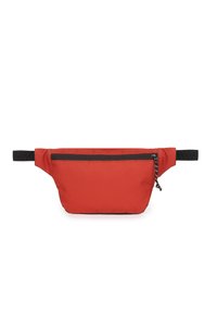 Rode stoffen heupband met een ritsvak, plat ontwerp, zwarte verstelbare banden en een gestructureerd oppervlak. Geschikt voor handsfree gebruik.