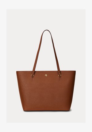 Ruda odinė pirkinių rankinė su ilgomis rankenomis ir mažu auksiniu „RLL“ logotipu priekyje centre, ant balto fono.