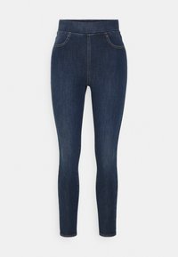 Tmavě modré denimové jeggings s vysokým pasem, slim fit a jemným zesvětlením. Obsahují přední kapsy a hladký, měkký materiál.