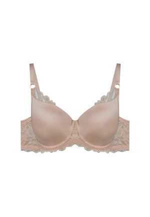 Koronkowy stanik w miękkim beżu z gładkimi miseczkami, dekoracyjnymi falbaniastymi brzegami, regulowanymi satynowymi ramiączkami i małymi złotymi akcentami.