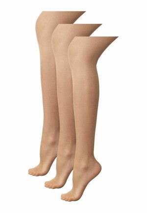 Trois paires de collants beiges transparents affichées sur des jambes de mannequin placées côte à côte.