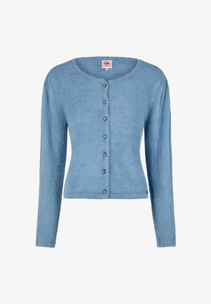 Lichtblauwe, harige cardigan met lange mouwen, ronde halslijn en zes decoratieve knopen aan de voorkant, ontwerp met aansluitende taille.