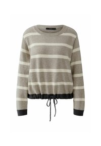 Taupe en crème horizontaal gestreepte trui met zwarte manchetten en een verstelbare trekkoordzoom, lange mouwen en rond de hals.