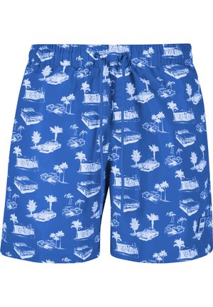 Shorts de bain bleus avec des illustrations de voiture vintage blanche, de palmier et de bâtiment, dotés d'une taille élastique et d'un cordon de serrage à l'avant.