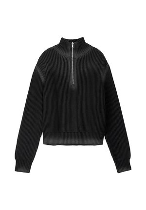 Black ribbed knit sweater with long sleeves and a half-zip high collar, cropped at the waist.