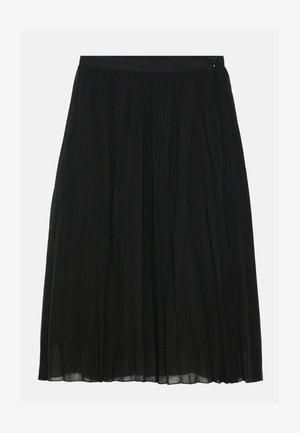 Black pleated skirt made of lightweight fabric. Waistband with zipper closure. Flowing design with vertical pleats throughout the garment.