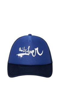 Blaues Trucker-Cap mit strukturiertem Vorderteil, einem dunkelblauen Schirm, Netzseiten und einem weißen "Quiksilver"-Logo auf der Vorderseite.
