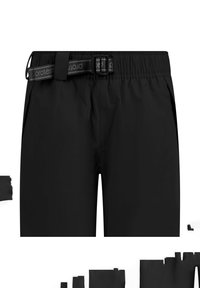 Zwarte zwembroek met een elastische tailleband, geïntegreerde riem en zijzakken. Glad textuur met minimale stikdetails.