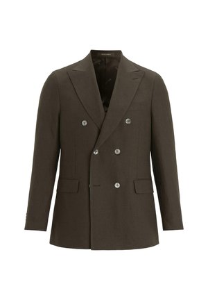 Donkerbruine dubbele knoopsluiting herenblazer met pieklapels, zes knopen, twee voorzakken met klep en een borstzak met bies.