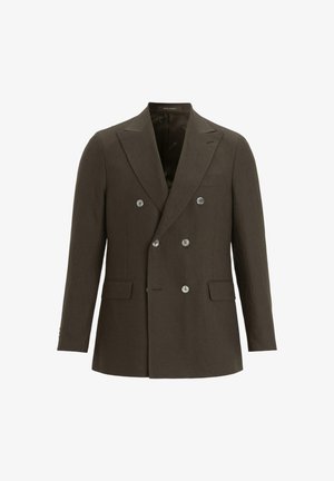 Blazer doppio petto da uomo marrone scuro con rever a punta, sei bottoni, due tasche frontali con pattina e una tasca sul petto a filetto.